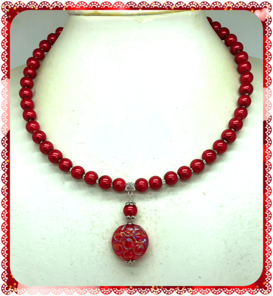 OOAK Red Lampwork bead drop collar length necklace