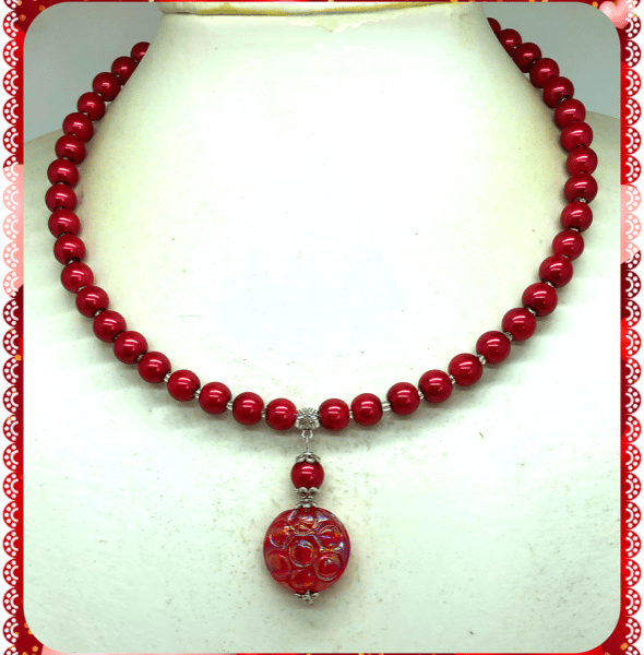 OOAK Red Lampwork bead drop collar length necklace