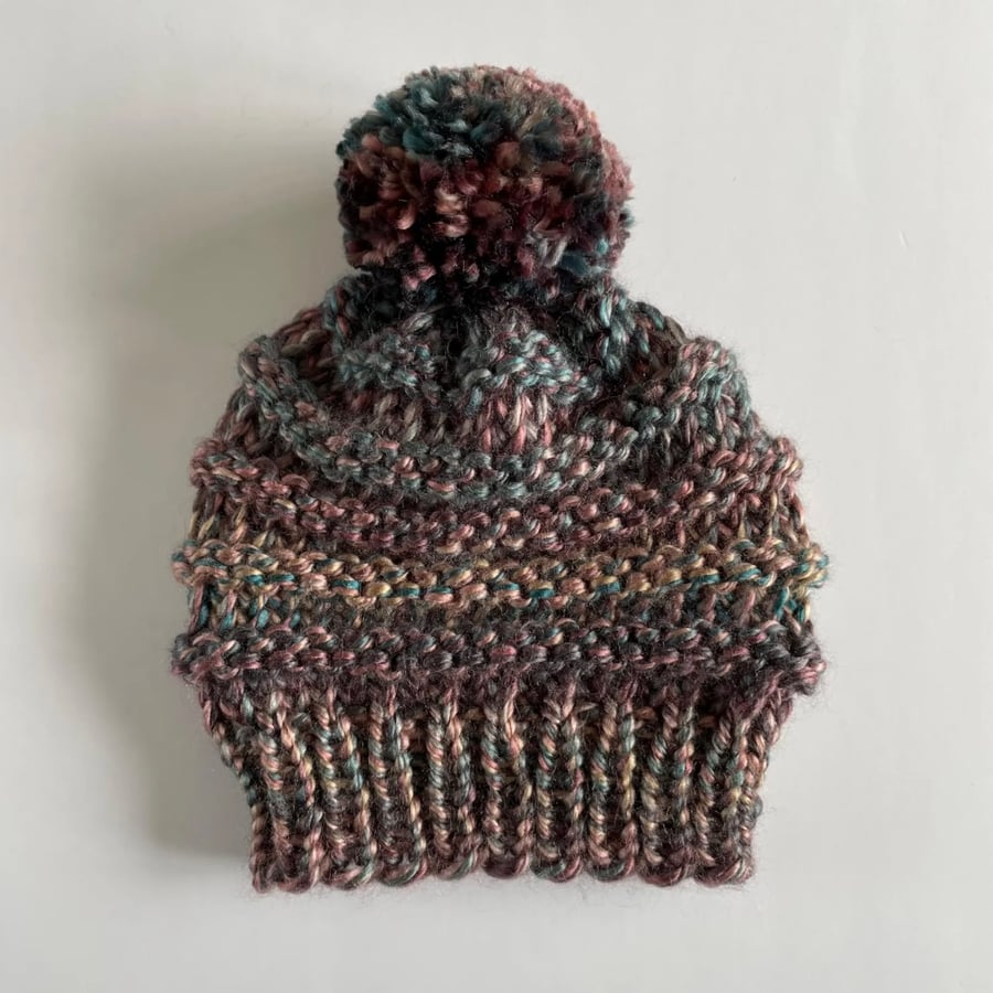 Handmade Beanie with removable Pom Pom, Multicoloured Chunky Womens Winter Hat