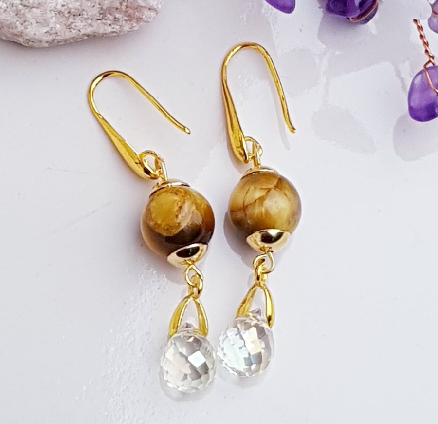 Tiger eye gemstone drop earrings, handmade earrings for women