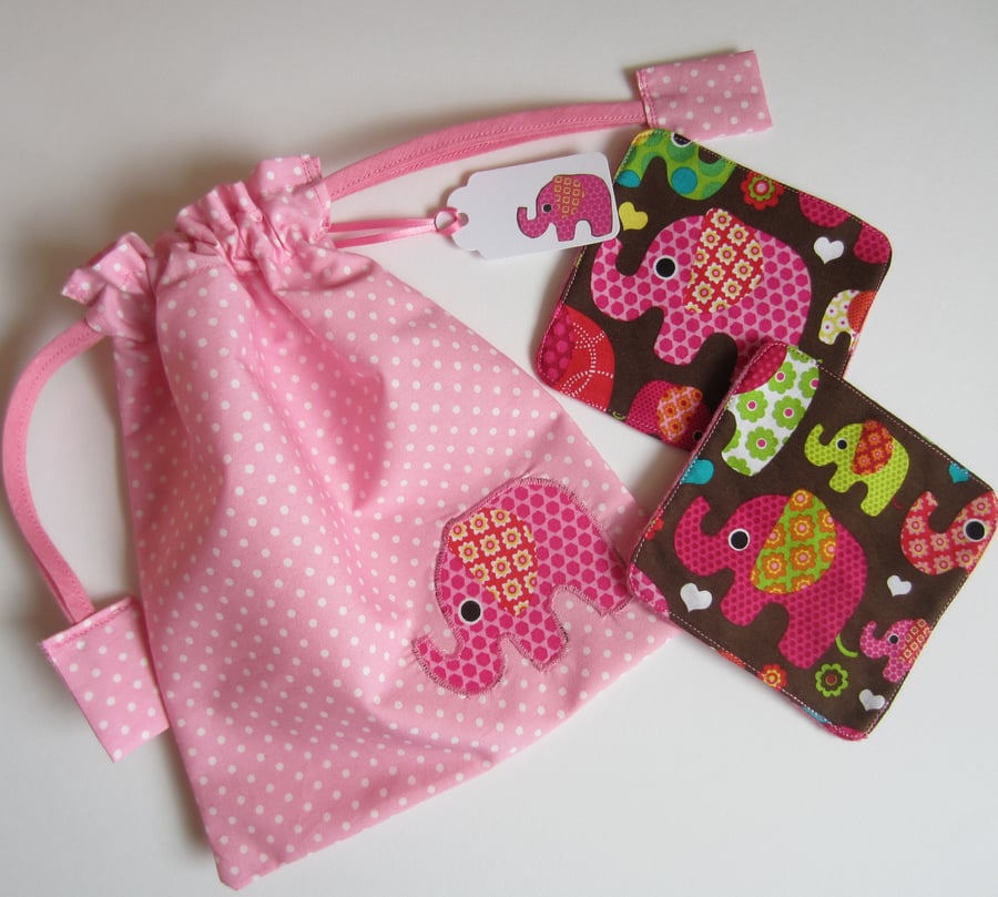 2 Elephant Make Up Remover Pads with Drawstring Bag and Gift Label
