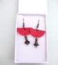 Red Leather Dangle Drop Earrings Half Moon and Gunmetal Floral Bead  - Image 4