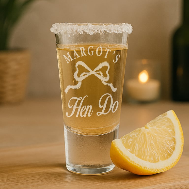 Personalised Hen Do Shot Glass - Ribbon Bow, Custom Name Hen Party Keepsake Gift