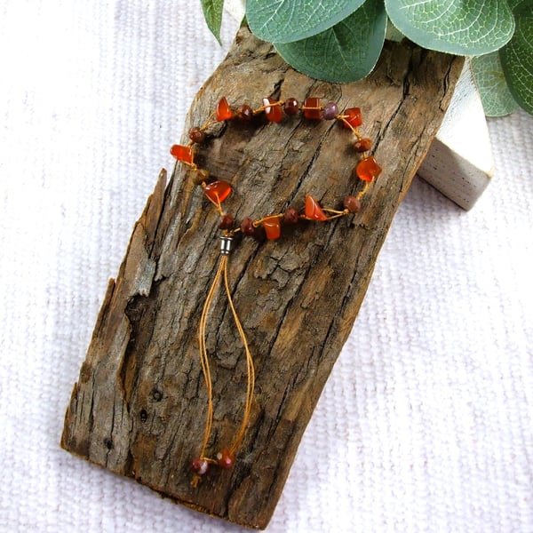 Carnelian and Sard Agate Gemstone Bracelet on Waxed Cotton