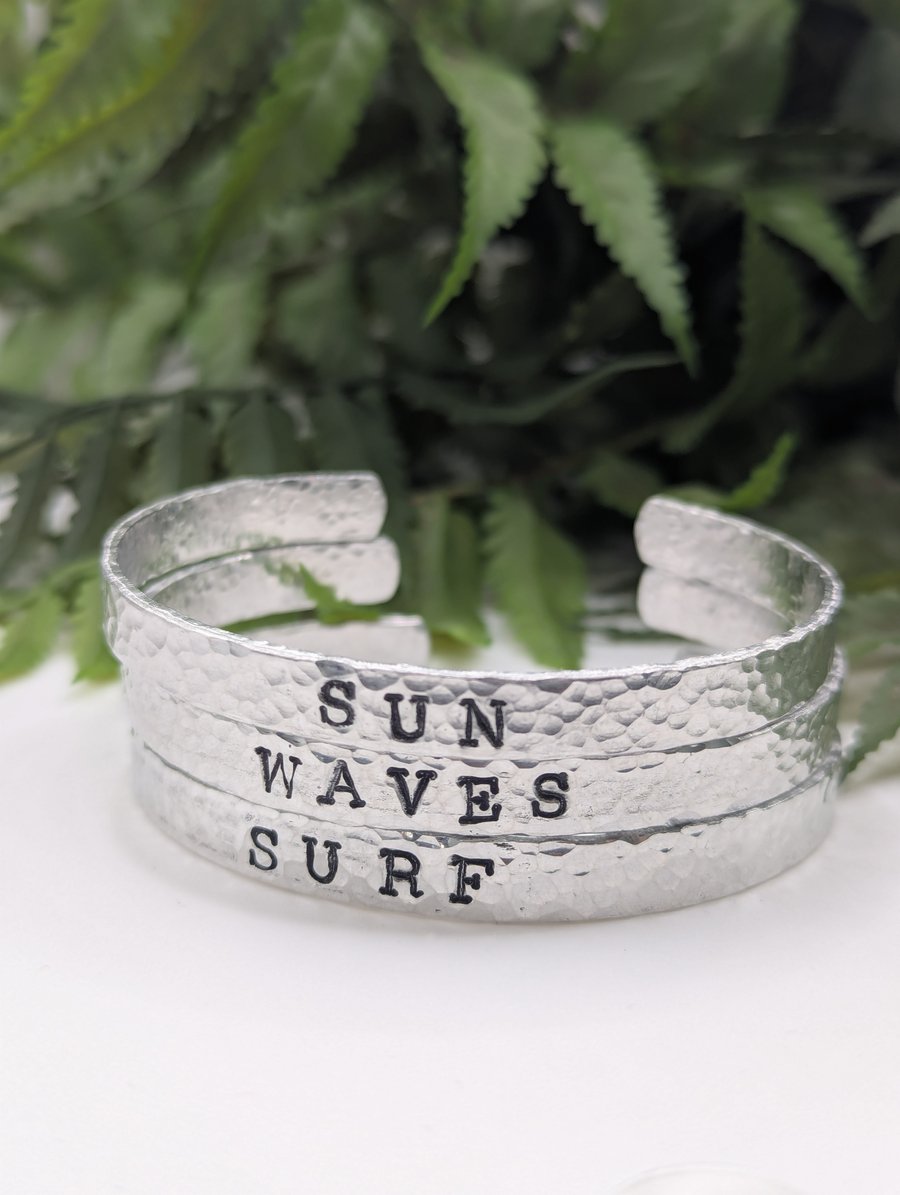 Hand Stamped Trio 'Sun, Waves, Surf'  Skinny Cuff Bangles