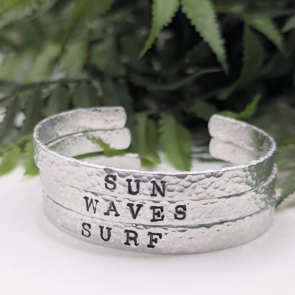 Hand Stamped Trio 'Sun, Waves, Surf'  Skinny Cuff Bangles