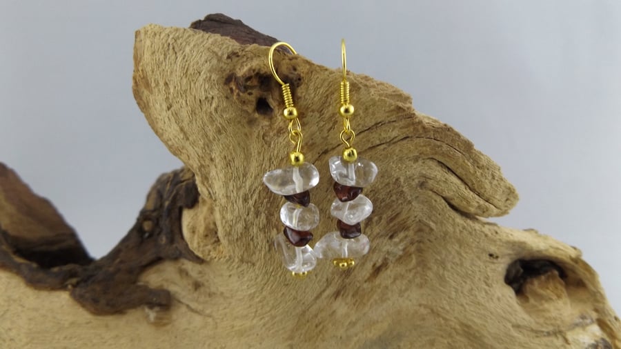 clear quartz crystal and garnet earrings