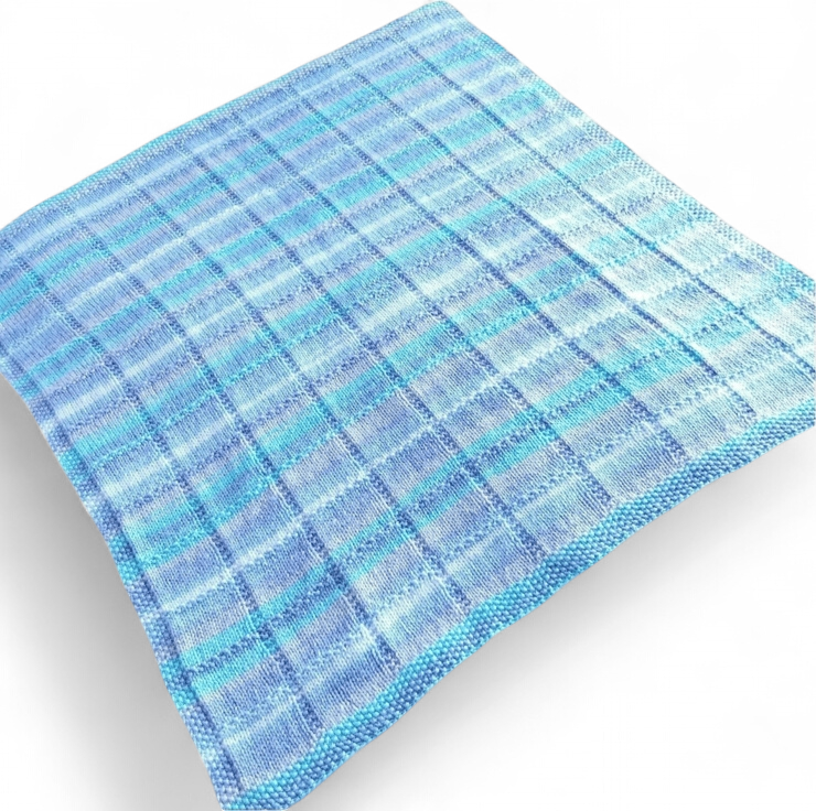 Hand Knitted Baby Blanket in Blue & Grey Mix, Nursery Bedding, Square Design