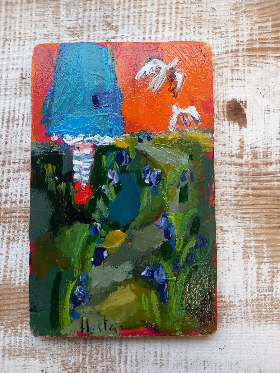 ' grace and the bluebells ' small painting on wood
