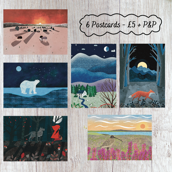  Postcard Set -Fox, Polar Bear, Curlew, Sheep, Red Riding Hood, Winter Landscape