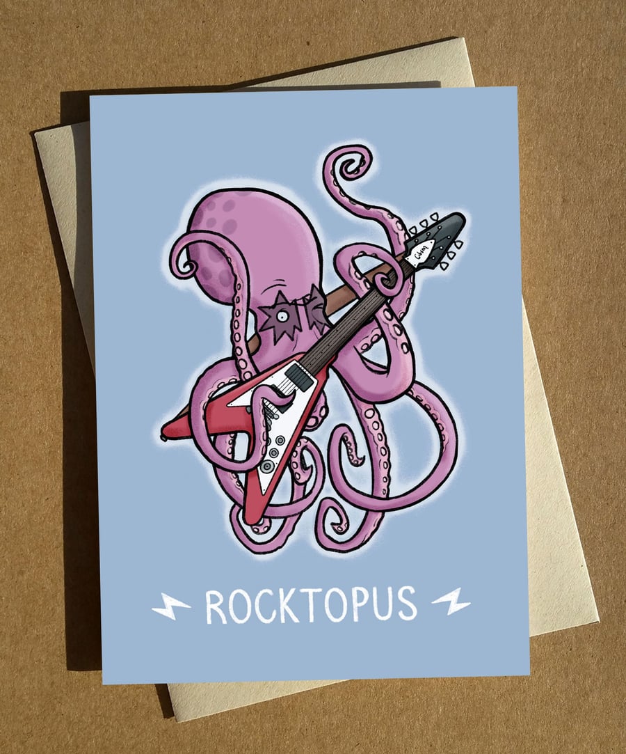 Octopus Rock Music Pun Greeting Card A6 - Funny Birthday Cartoon Pun