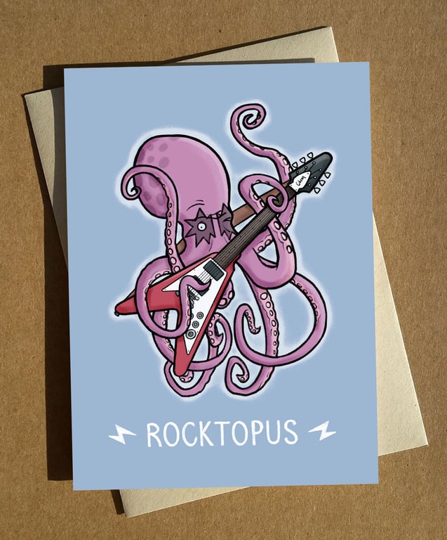 Octopus Rock Music Pun Greeting Card A6 - Funny Birthday Cartoon Pun