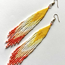 Sunset Long Beadwoven Ombre Fringe Earrings