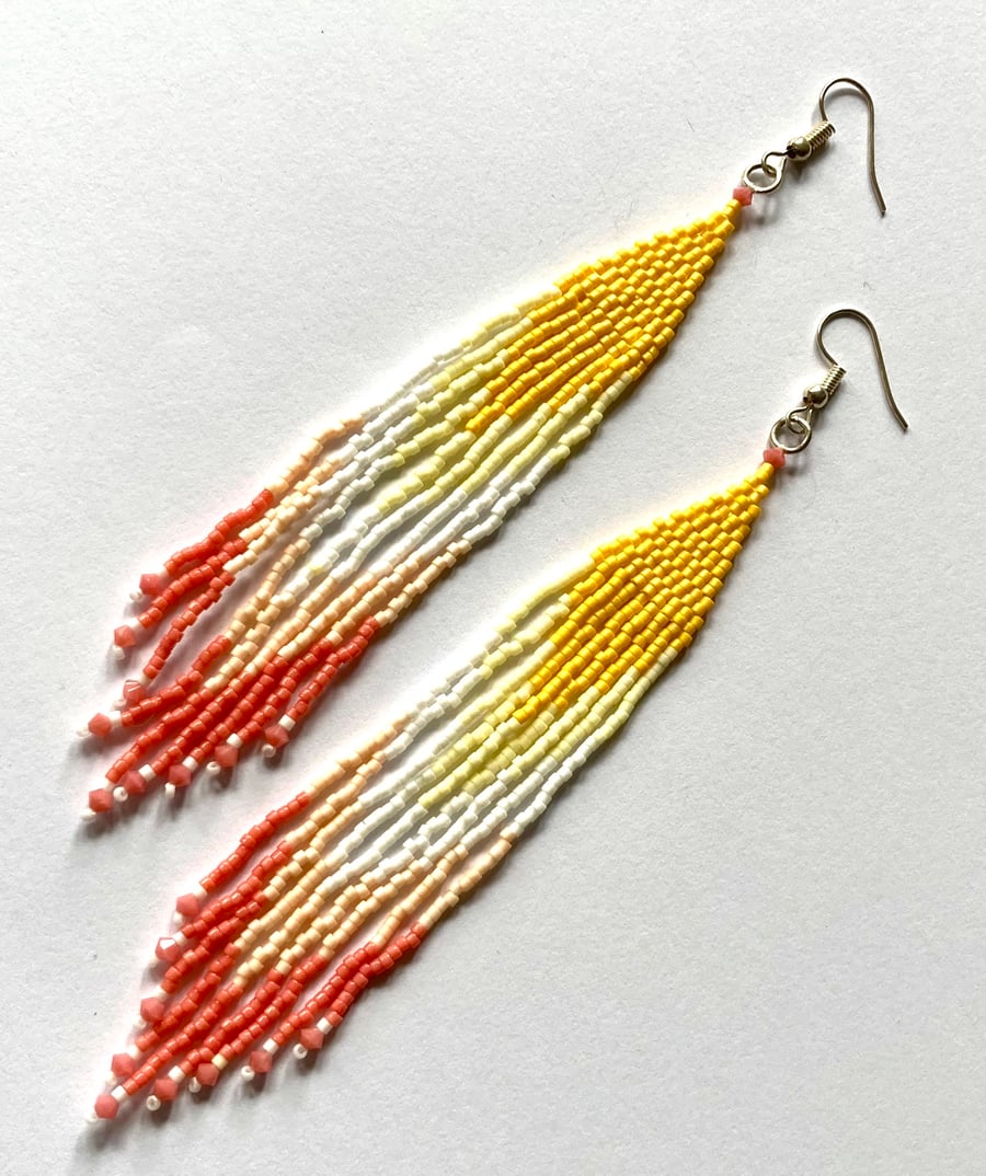 Sunset Long Beadwoven Ombre Fringe Earrings