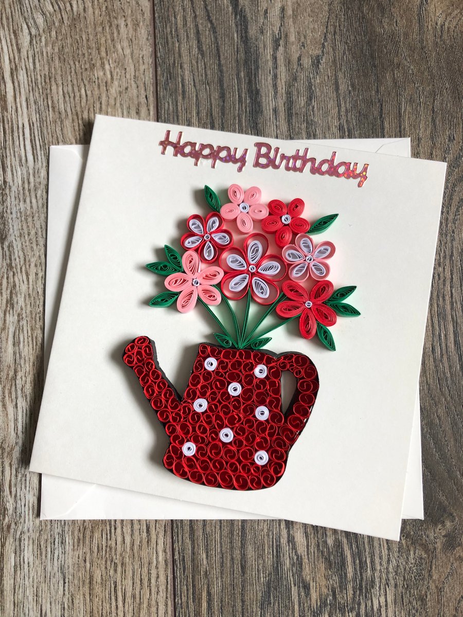 Handmade quilled red watering can card