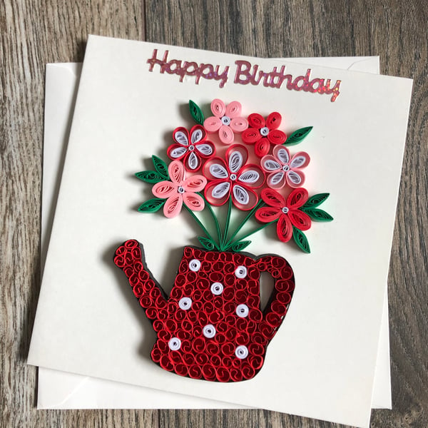 Handmade quilled red watering can card