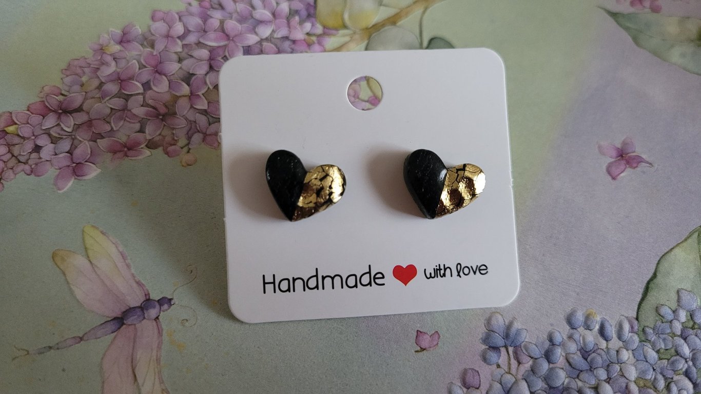 Handmade Polymer Clay Black & Gold Heart Stud Earrings, 316 Stainless Steel