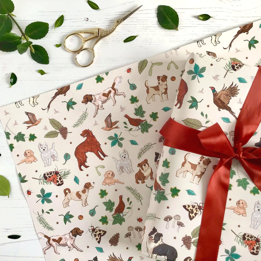 Gift Wrap Single Sheet with tag, Woodland Dog Walk