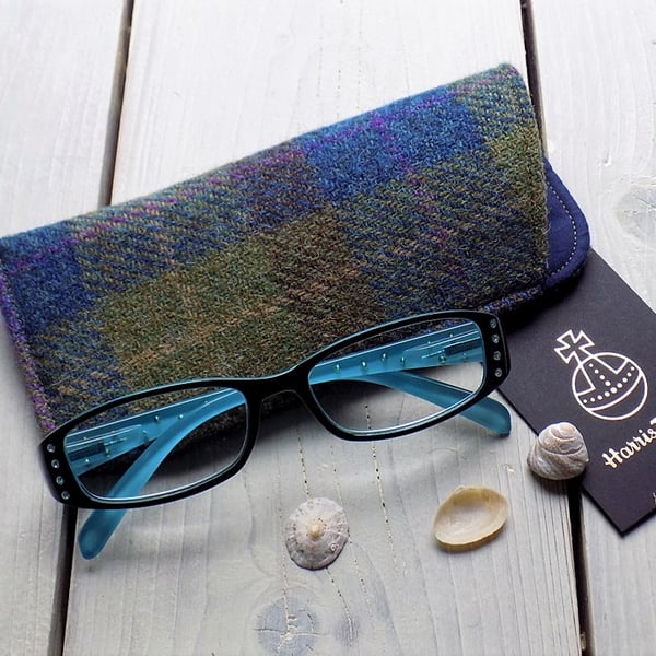 Harris Tweed eyeglasses case in olive green, blue and brown tartan