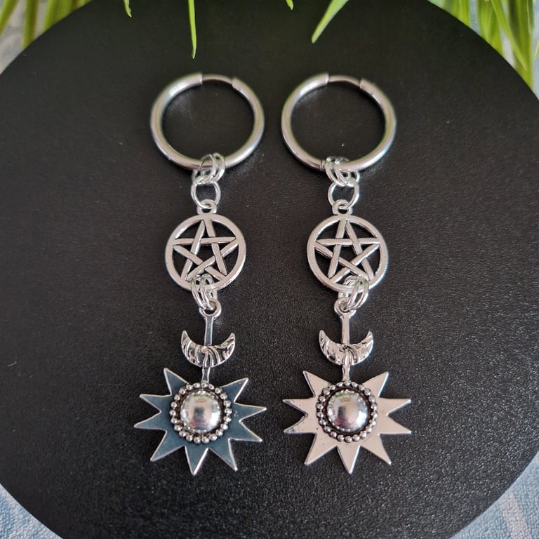Celestial Pentagram Sun Moon Hoop Earrings, Gothic Stainless Steel Hoops