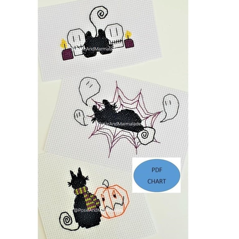 Halloween Black Cat Cross Stitch Patterns: Set of 3 (Digital Download)