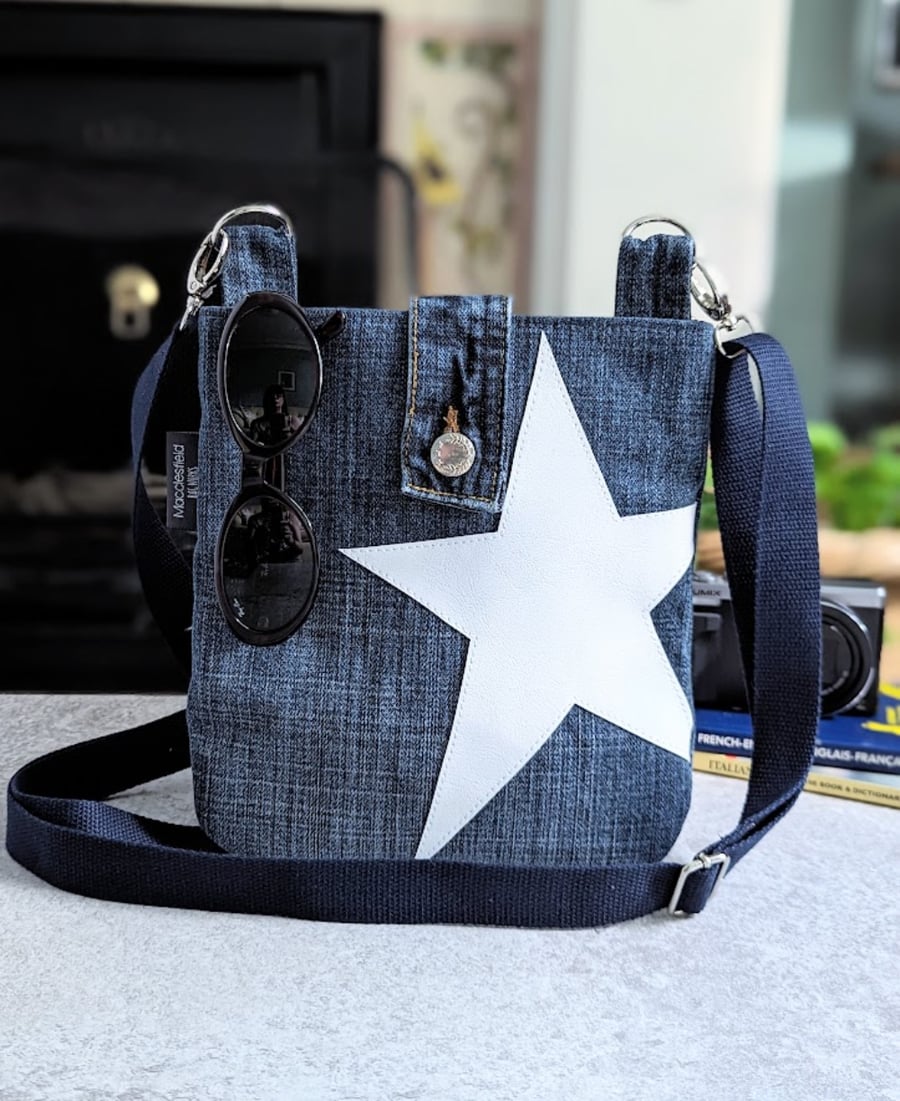 Denim Bag - Denim Jeans Mini Cross Body Bag Vegan White Star (P&P inc)