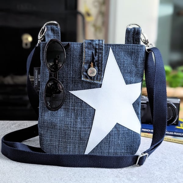 Denim Bag - Denim Jeans Mini Cross Body Bag Vegan White Star (P&P inc)