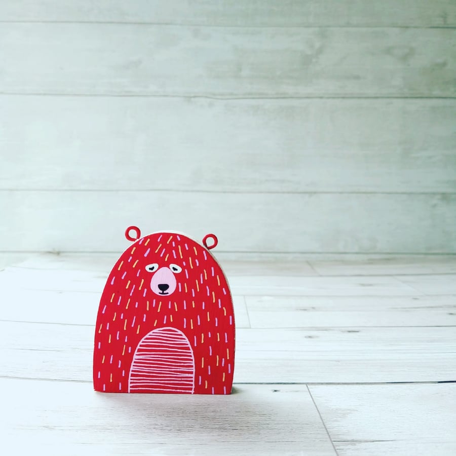Red Folk Bear, Handmade Wooden Bear, Reclaimed Wood, Low Waste