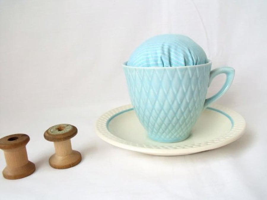 novelty vintage tea cup and saucer pin cushion, turquoise striped fabric