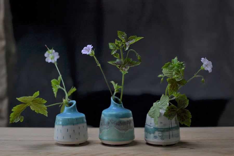 handmade ceramic bottle bud vase - Skyline, glazed in greens and turquoise