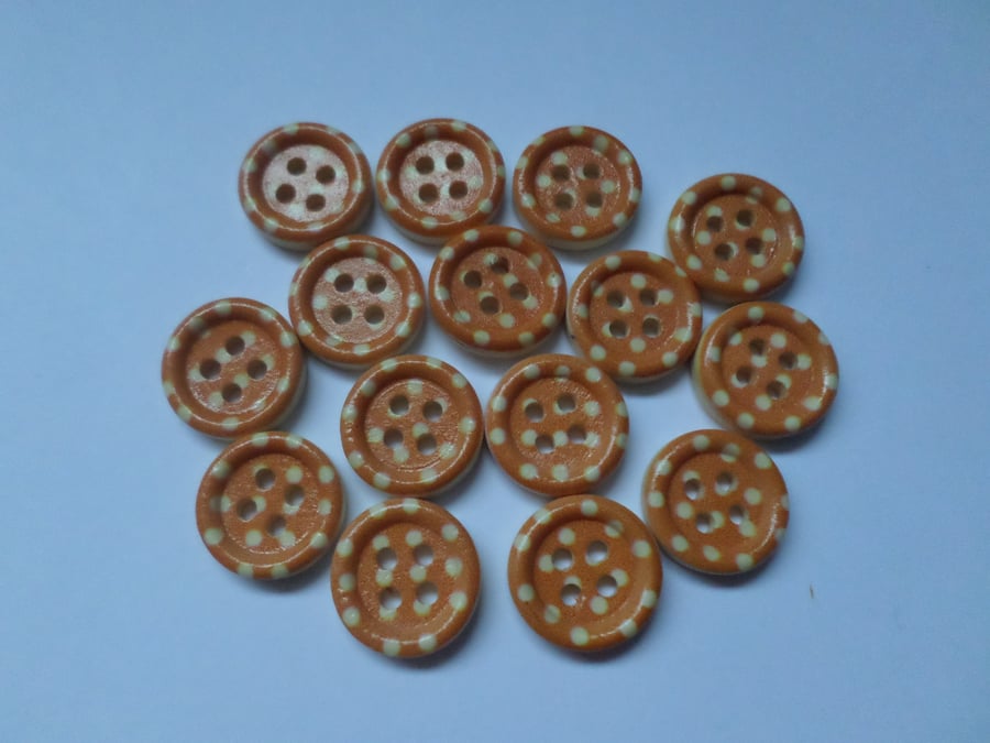 15 x 4-Hole Printed Wooden Buttons - Round - 15mm - Polka Dot - Orange 