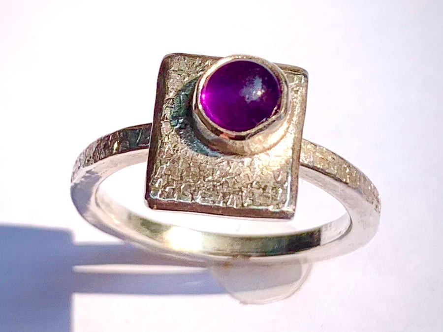 ‘Framed’ Amethyst Cabochon on Sterling Silver Ring, 100% handmade