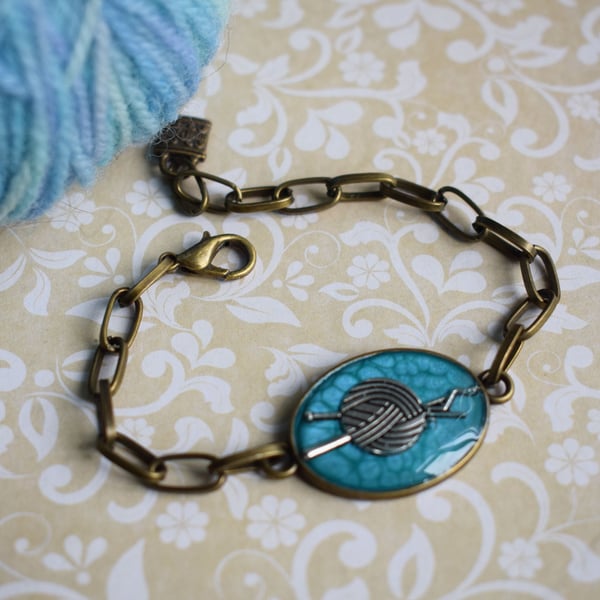 Knitting Yarn and Needles Bracelet In Bronze and Turquoise, Gift for Knitter