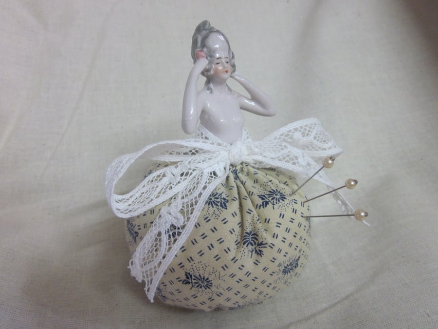 Antique porcelain half doll pincushion 1920s - Josephine