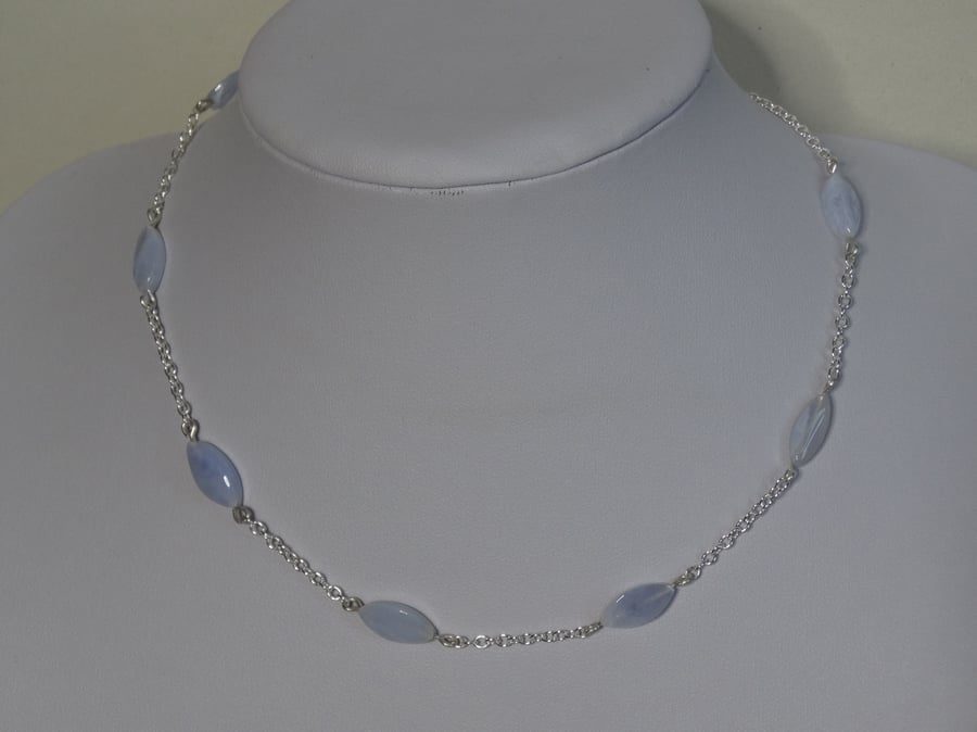 Blue lace agate bead and chain necklace throat chakra calming