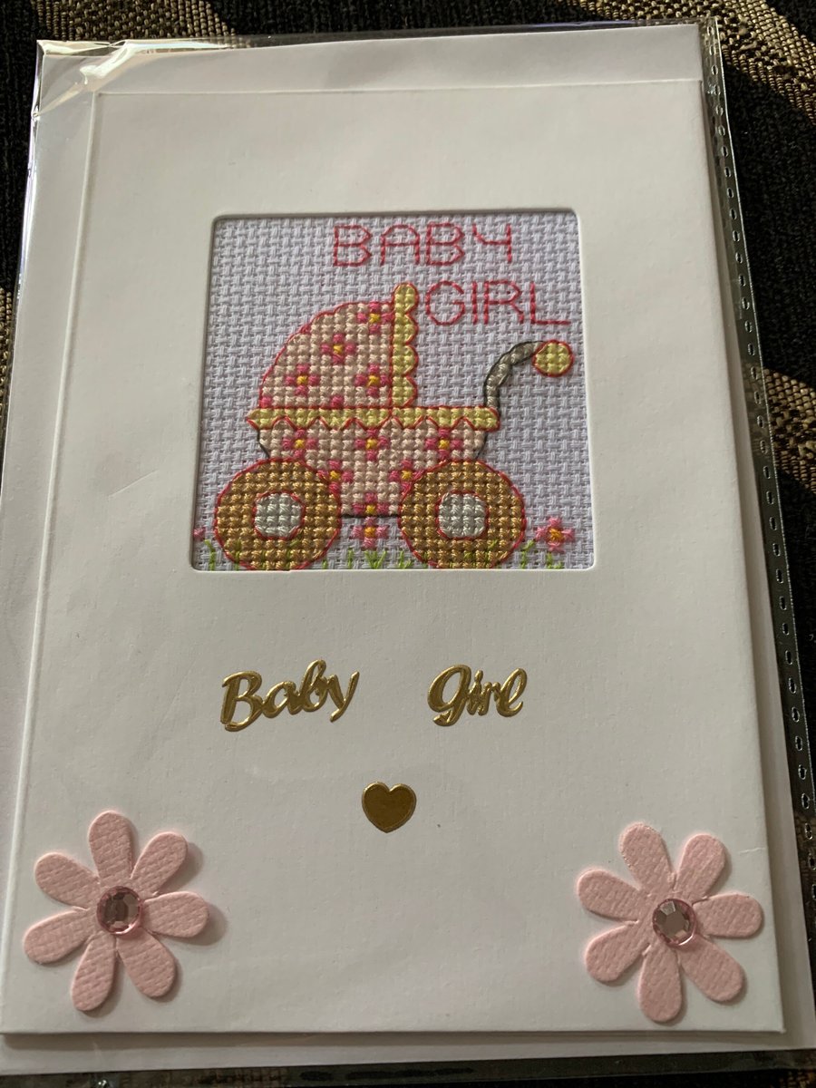 Baby girl handmade card, cross stitched baby girl card , new baby girl card