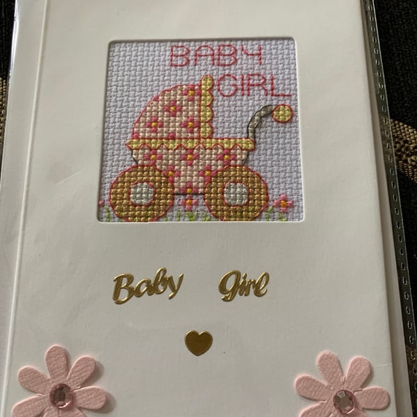 Baby girl handmade card, cross stitched baby girl card , new baby girl card