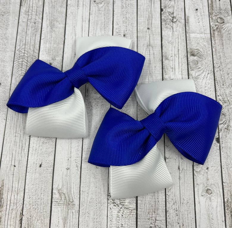 Cobalt Blue and White Diagonal Double with Bows on Clips (pair)