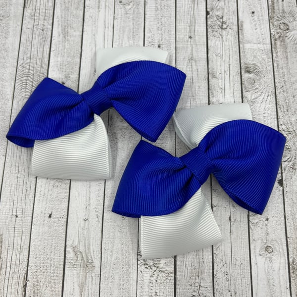 Cobalt Blue and White Diagonal Double with Bows on Clips (pair)