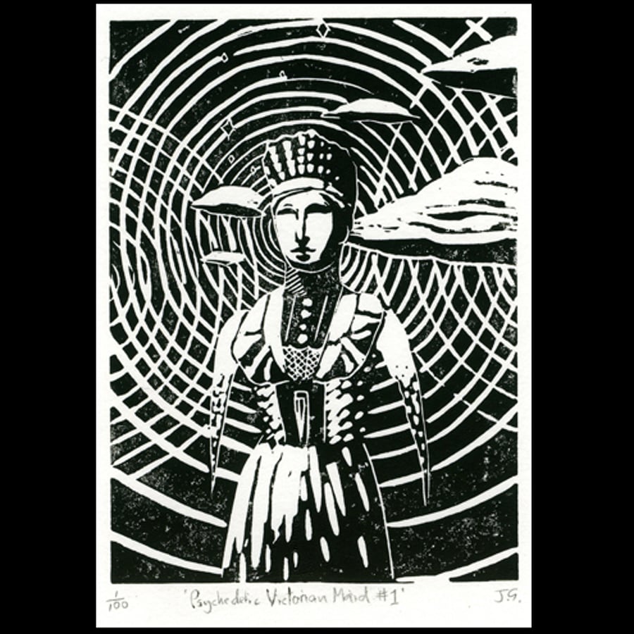 30% off - Psychedelic Victorian Maid No.1 linocut print