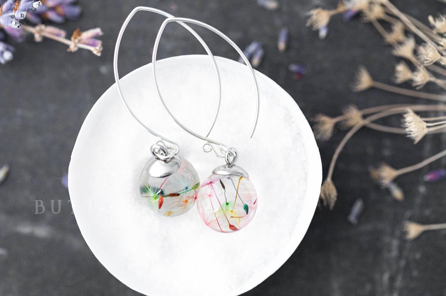 Rainbow Dandelion Threader Earrings Dandelion Earrings Pressed Flower Earrings S