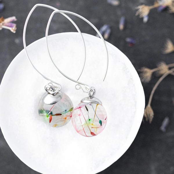 Rainbow Dandelion Threader Earrings Dandelion Earrings Pressed Flower Earrings S