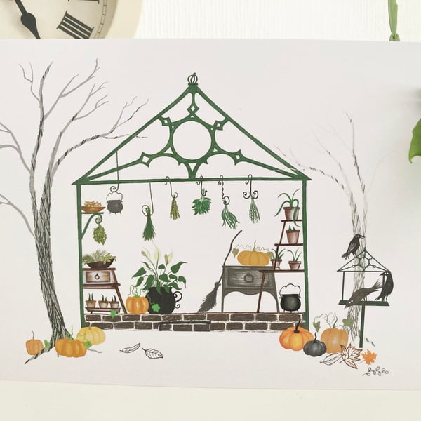 Greenhouse artwork print, Witchy Victorian glasshouse illustrated art print