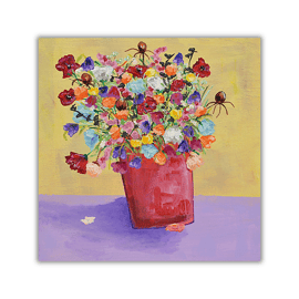 A framed original painting - a pot of colourful flowers - acrylic on canvas