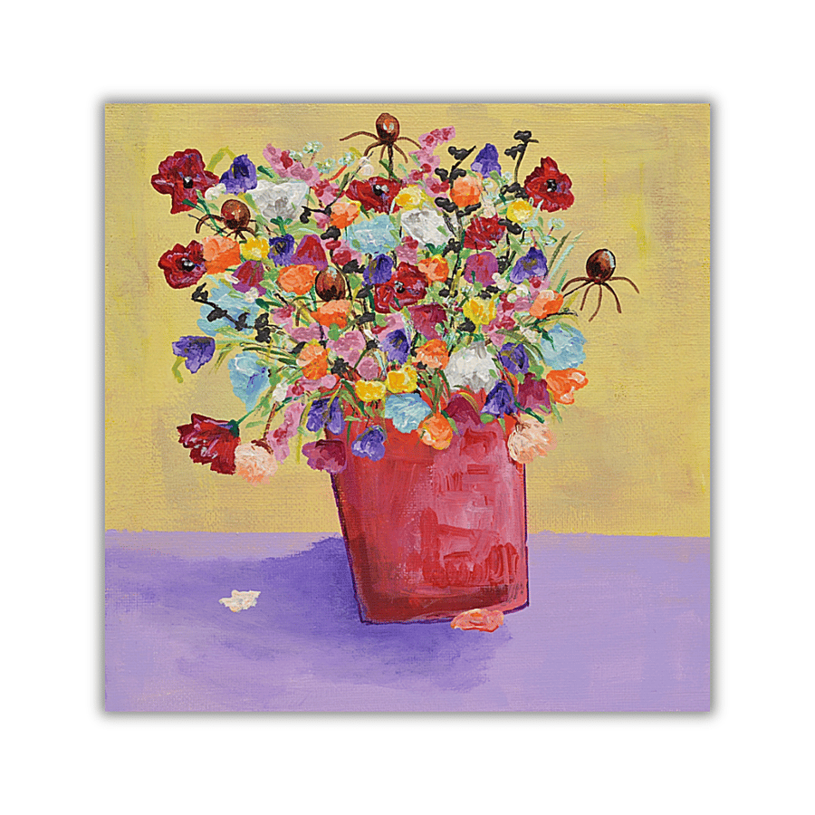 Framed original painting - a pot of colourful flowers - acrylic on canvas