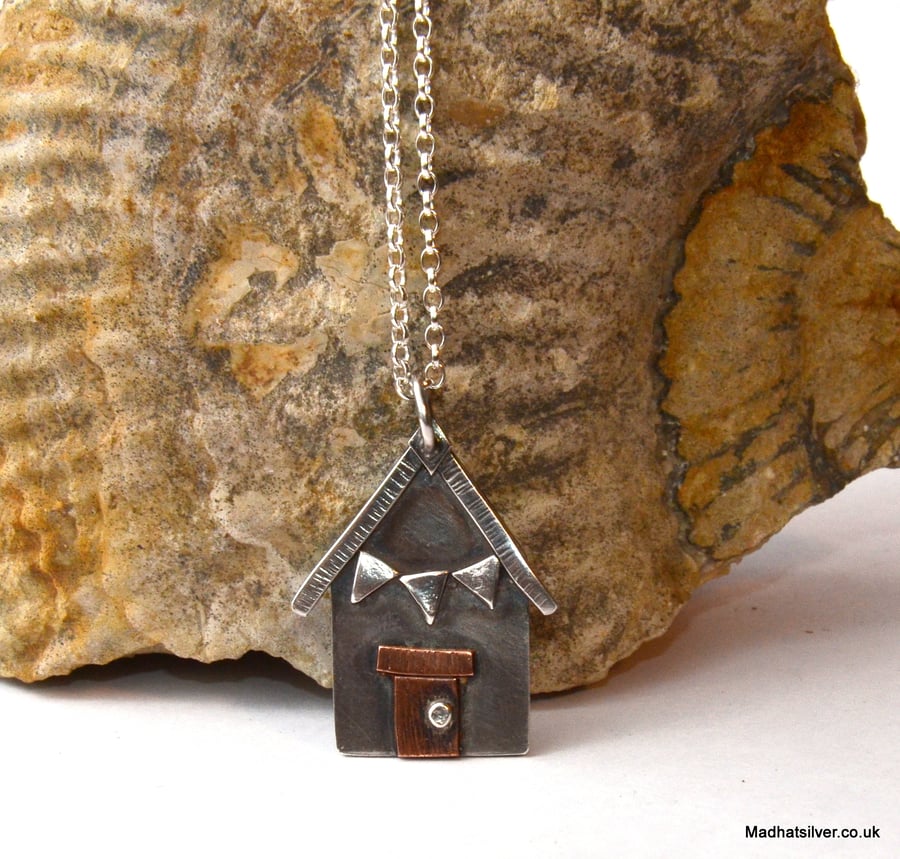 Silver, and copper beach hut pendant, silver house, beach house