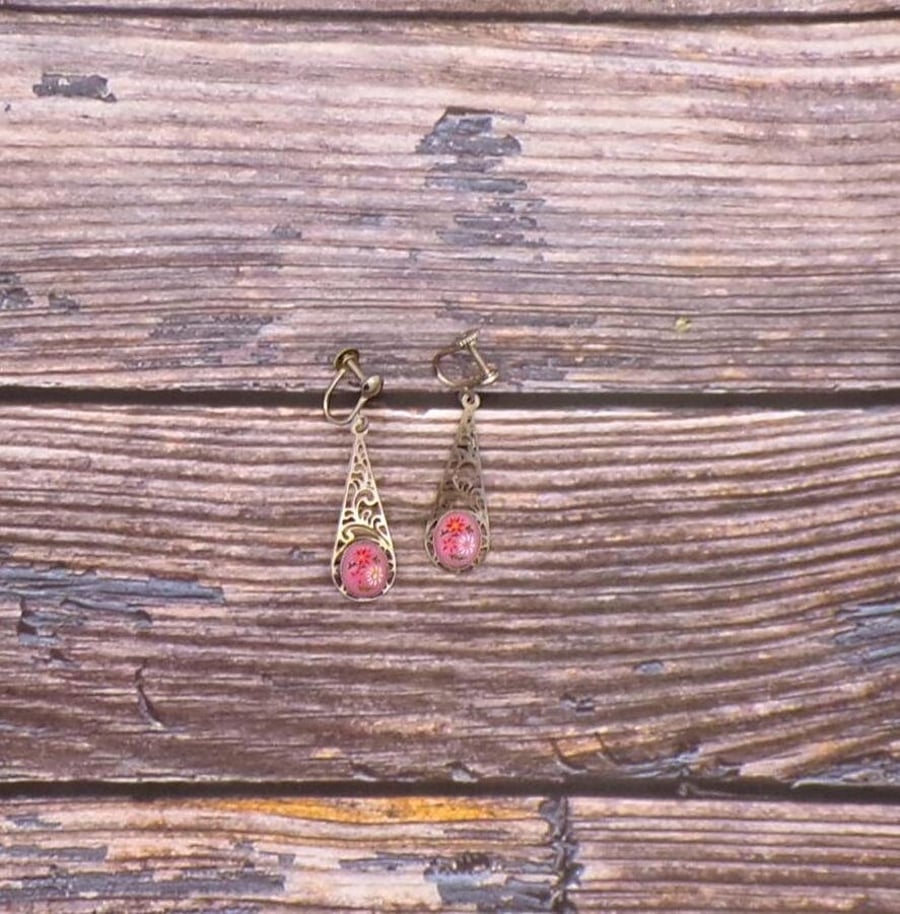 Vintage Retro Screw-Back Dangle Earrings- Blue Cat's Eye-Pink Handpainted Flower