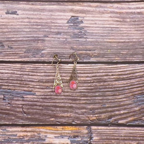 Vintage Retro Screw-Back Dangle Earrings- Blue Cat's Eye-Pink Handpainted Flower