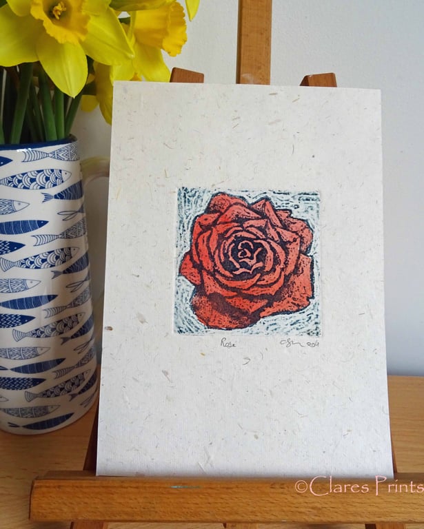 Red Rose Art Original Print Collagraph Printmaking Floral