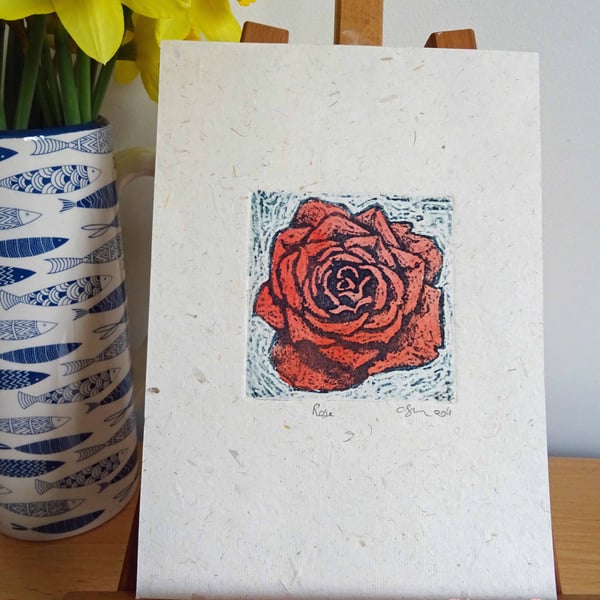 Red Rose Art Original Print Collagraph Printmaking Floral